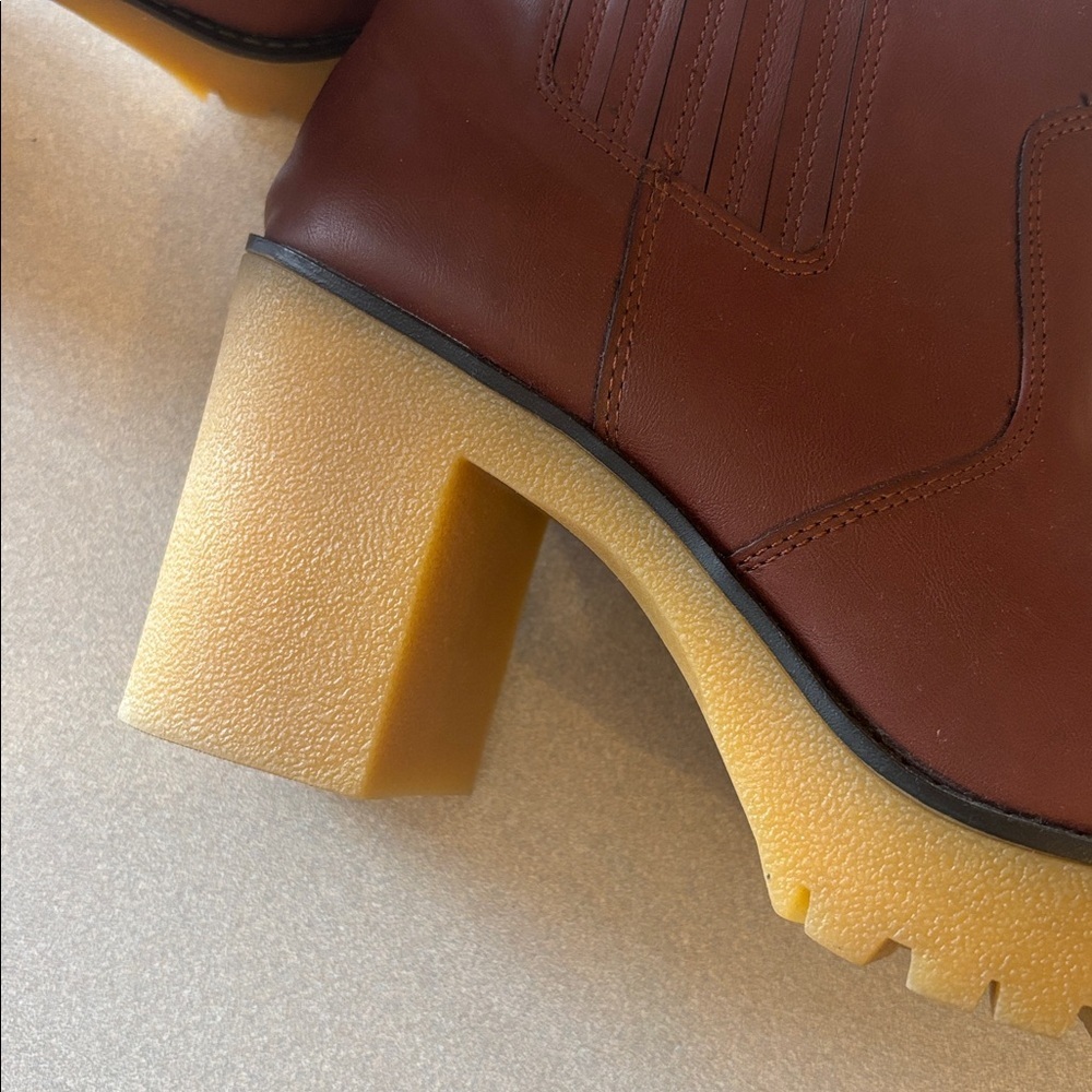 NWT Cognac Brown Retro Platform Chelsea Boots Rubber Sole - Picture 2 of 6